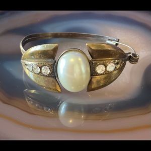 Vintage brass pearl bracelet vtg cz bangle cubic zirconia